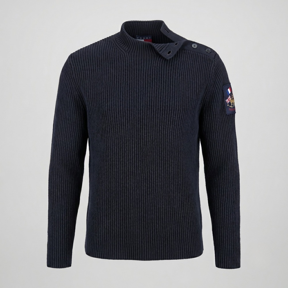 Vintage Tommy Hilfiger Mens Large Navy Blue Sweater Ribbed Knit Nautical
